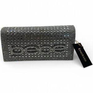 Bebe Rhinestone Clutch Wallet – Silver Crystal Logo Bag